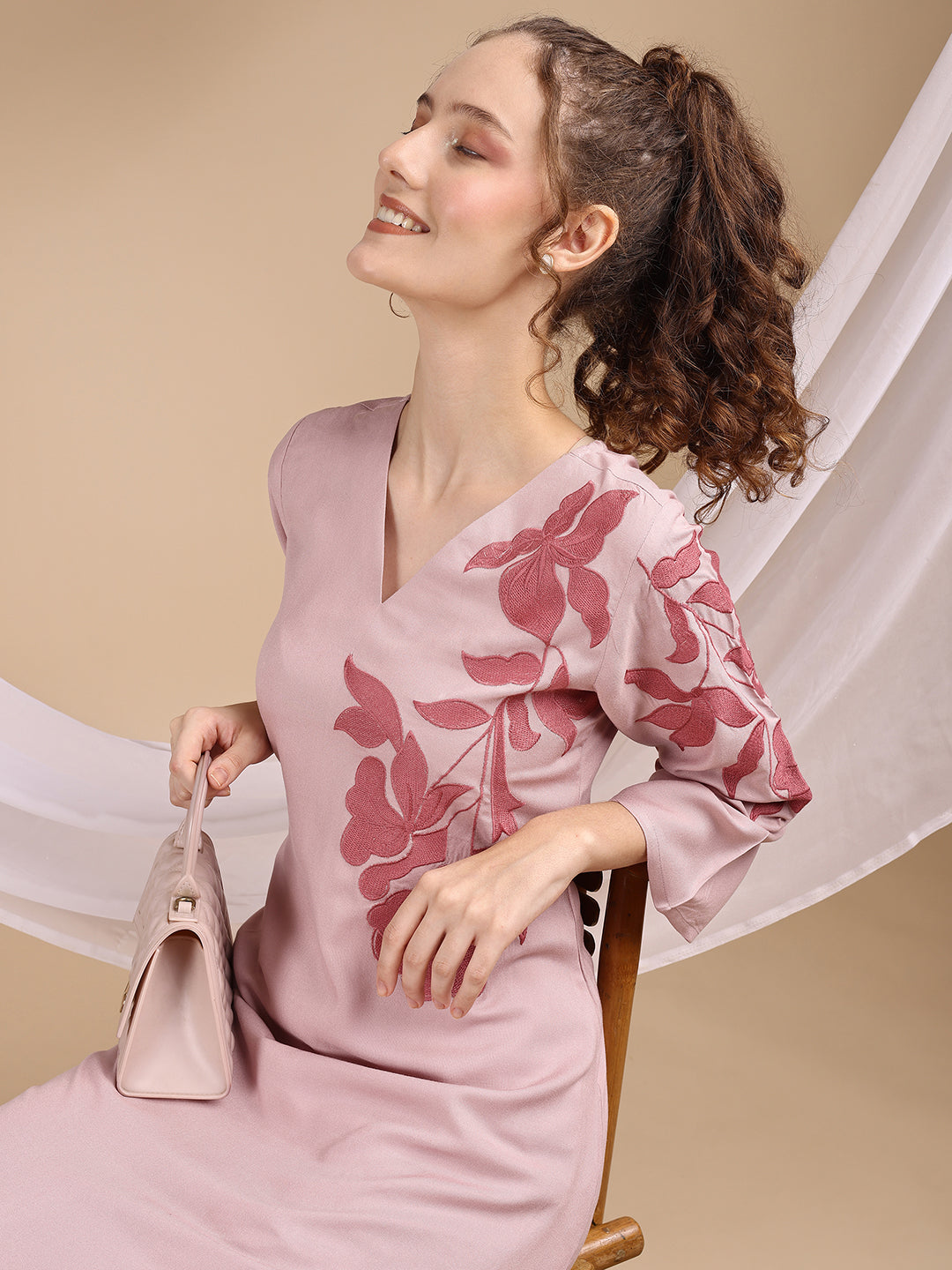 Dusty Pink Colored Placement Embroidered Rayon A-Line Kurta With Trousers Co-ords Set